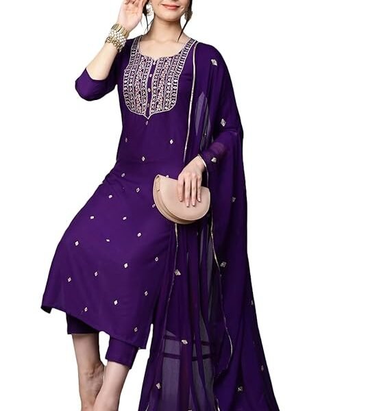 Women’s Cotton Blend Embroidered Kurta Set with Pant & Dupatta