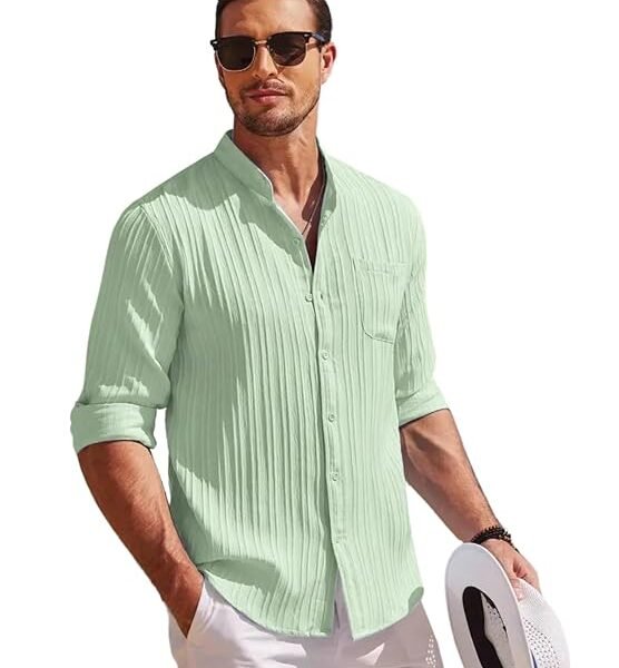 Casual Textured Button Down Regular Fit Shirts Long Sleeve Shirt for Men