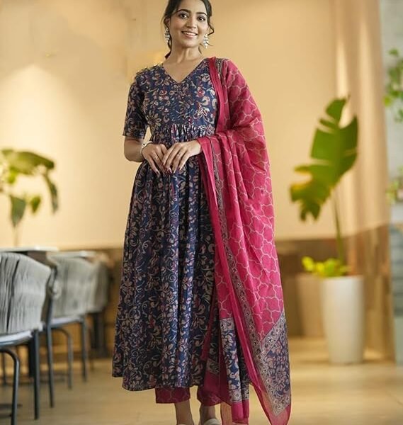 Women Printed Anarkali Kurta and Pant Set with Dupatta