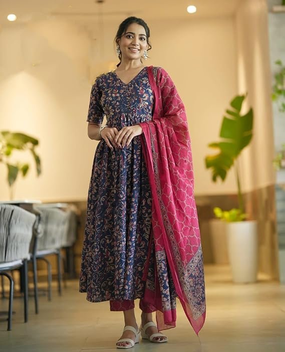 Women Printed Anarkali Kurta and Pant Set with Dupatta